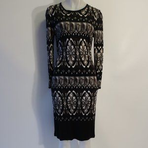 Womens Tory Burch Black Gray White Long Sleeve Print Silk Midi Sheath Dress L *